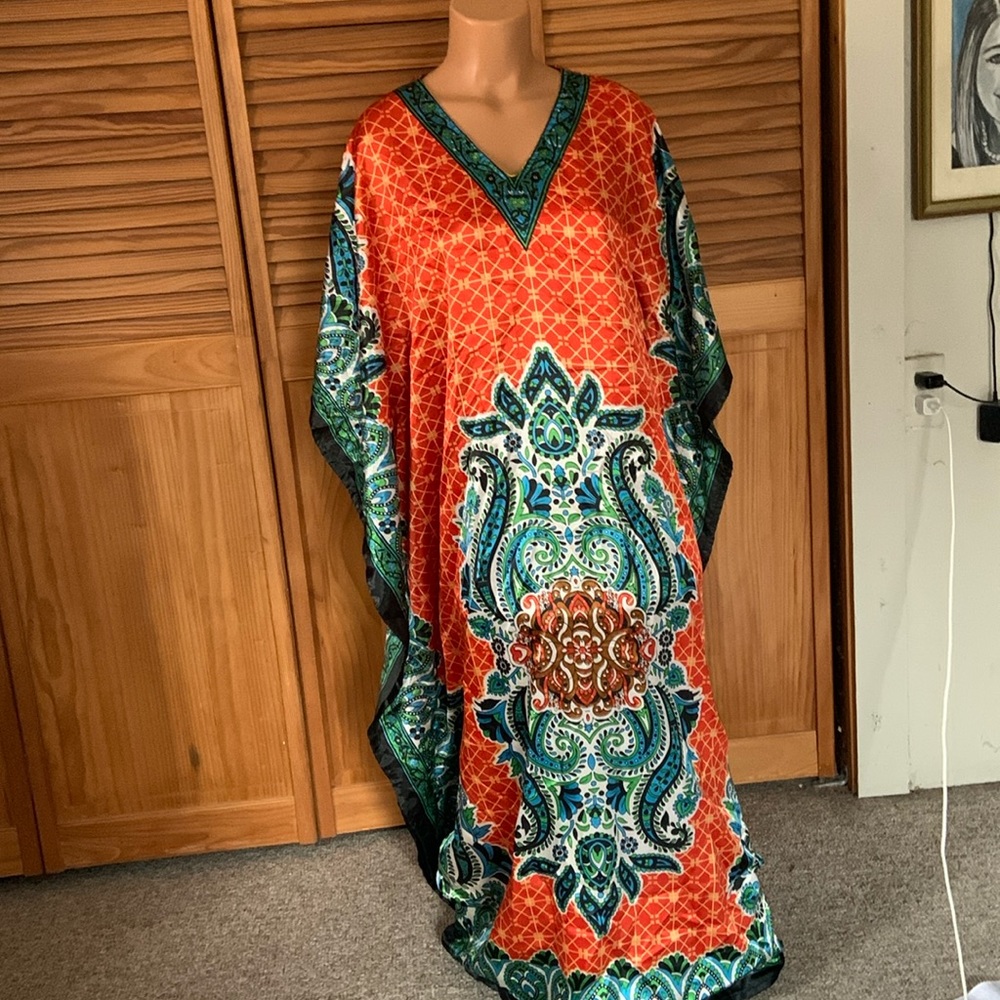 MUMU EY muumuu one size orange &black floral paisley elegant print satin vintage